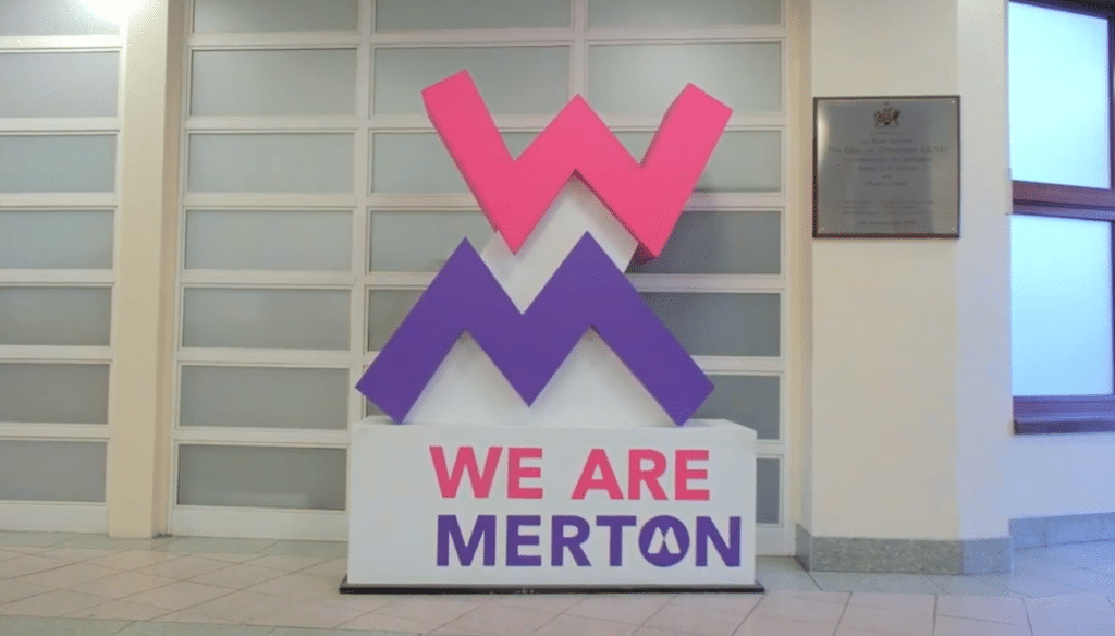 Signage at Merton Civic Centre supporting initiatives tackling fuel poverty in Merton