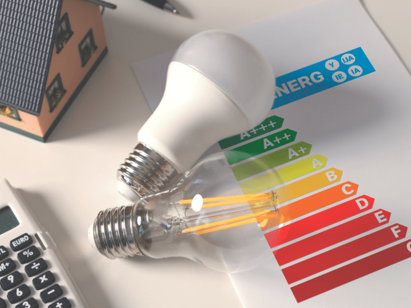 lightbulbs and calculators laying on top of some energy efficiency paperwork