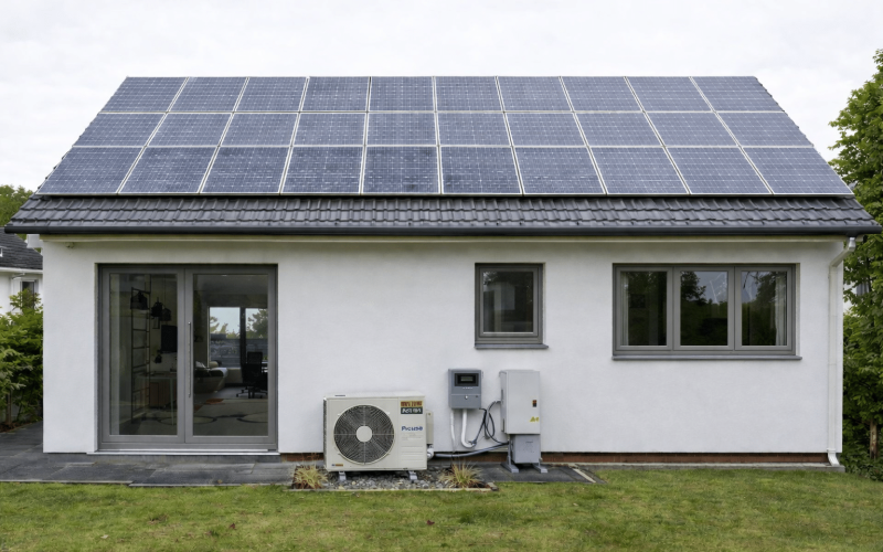 a house with both solar panels and heat pumps