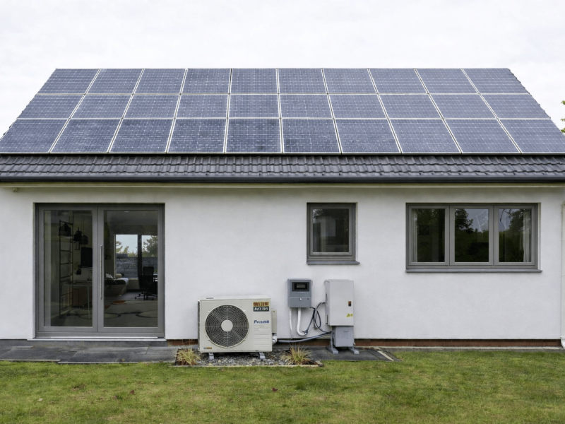 a house with both solar panels and heat pumps