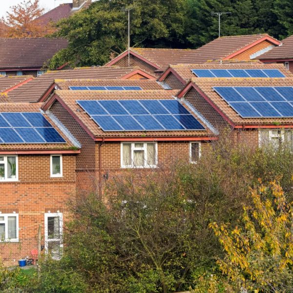 row of terrace red brick UK houses, all with solar panels on the roof