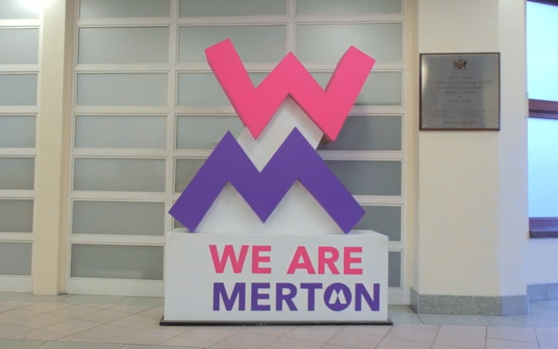 Signage at Merton Civic Centre supporting initiatives tackling fuel poverty in Merton