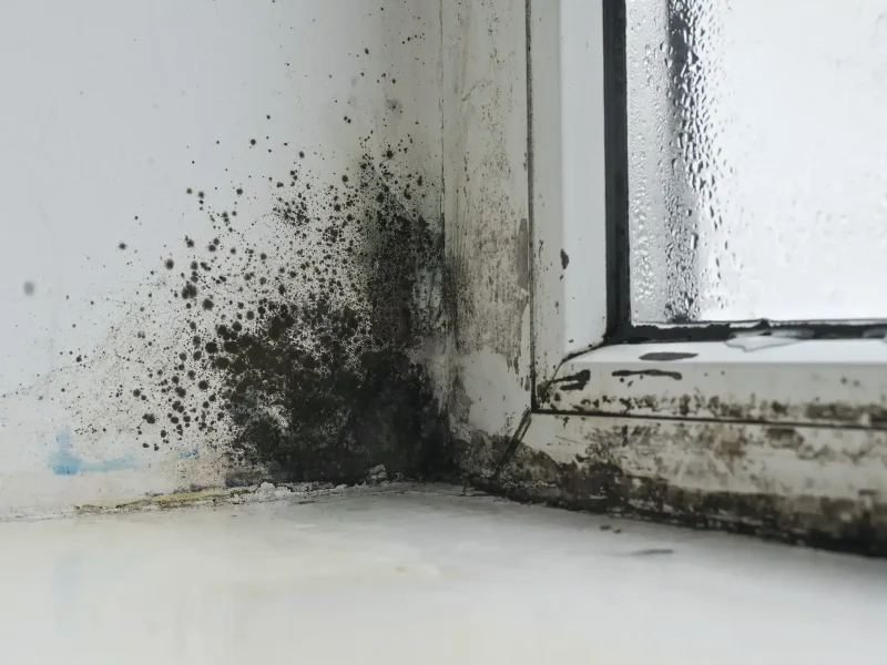 Mould and moisture damage near a window showing poor housing conditions UK households may face